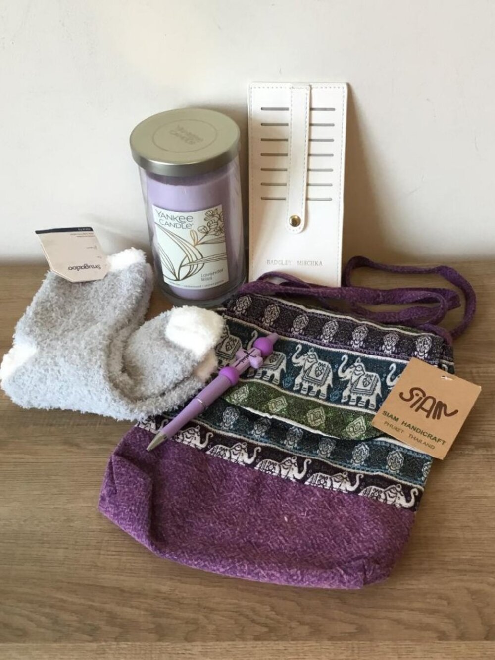 5 Pcs Crossbody Bag, Candle, Snuggle Socks, Jesus Pen, Badgley Mischka Card Case